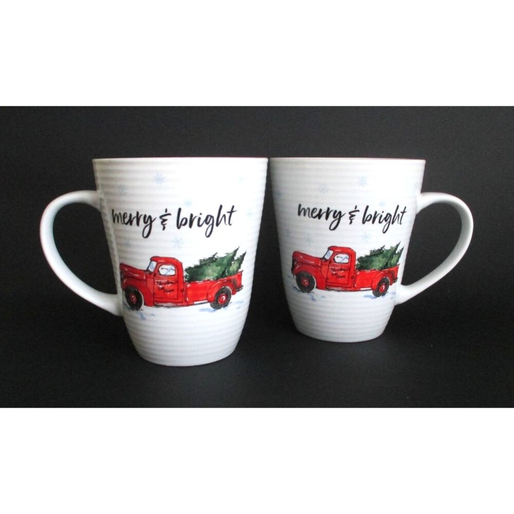 2 Red Truck Coffee Tea Hot Chocolate 16 ounce Mugs Christmas Gift Dinnerware